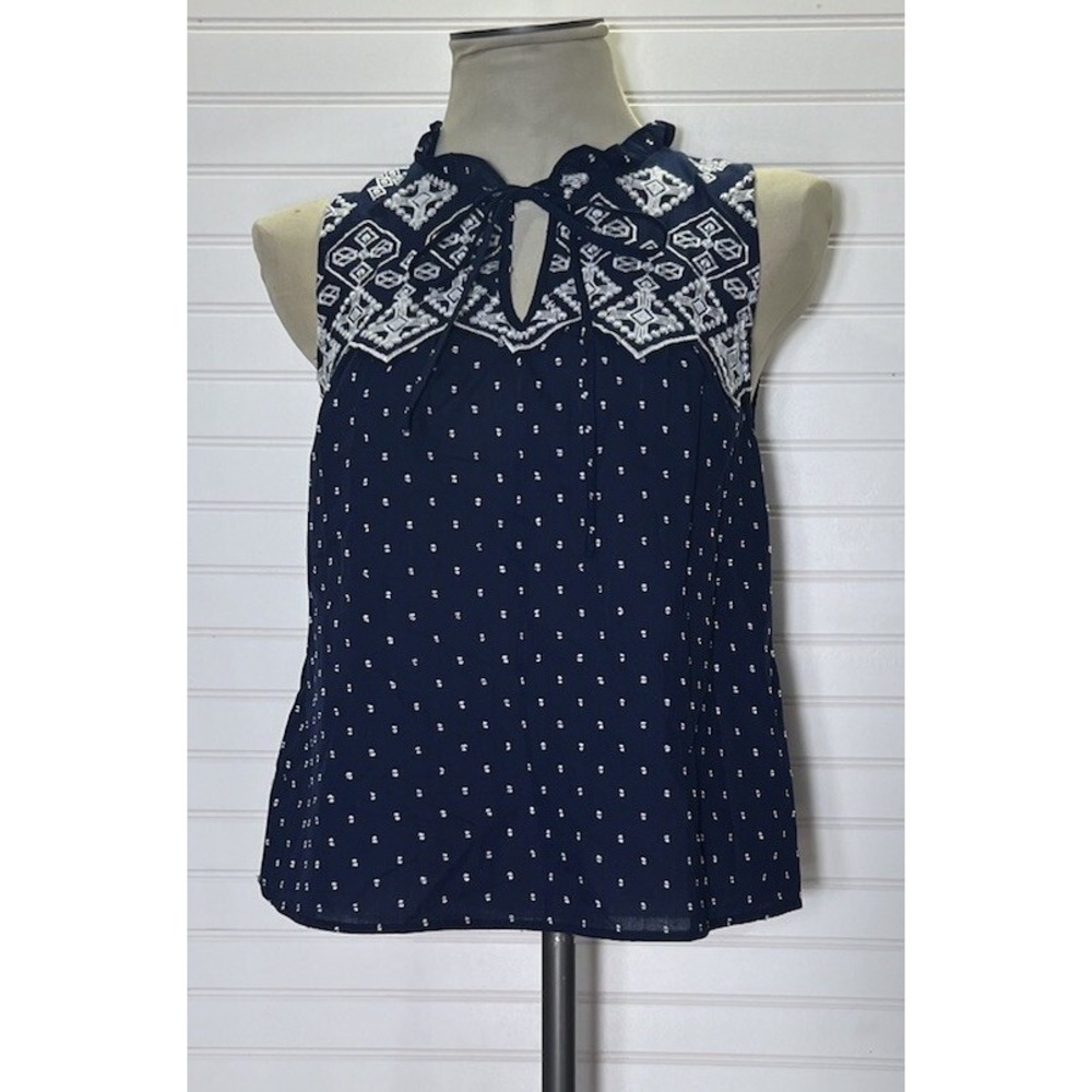 Mine Women's Small Sleeveless Navy Blue Top White Embroidery Aztec Western Boho - Picture 3 of 8